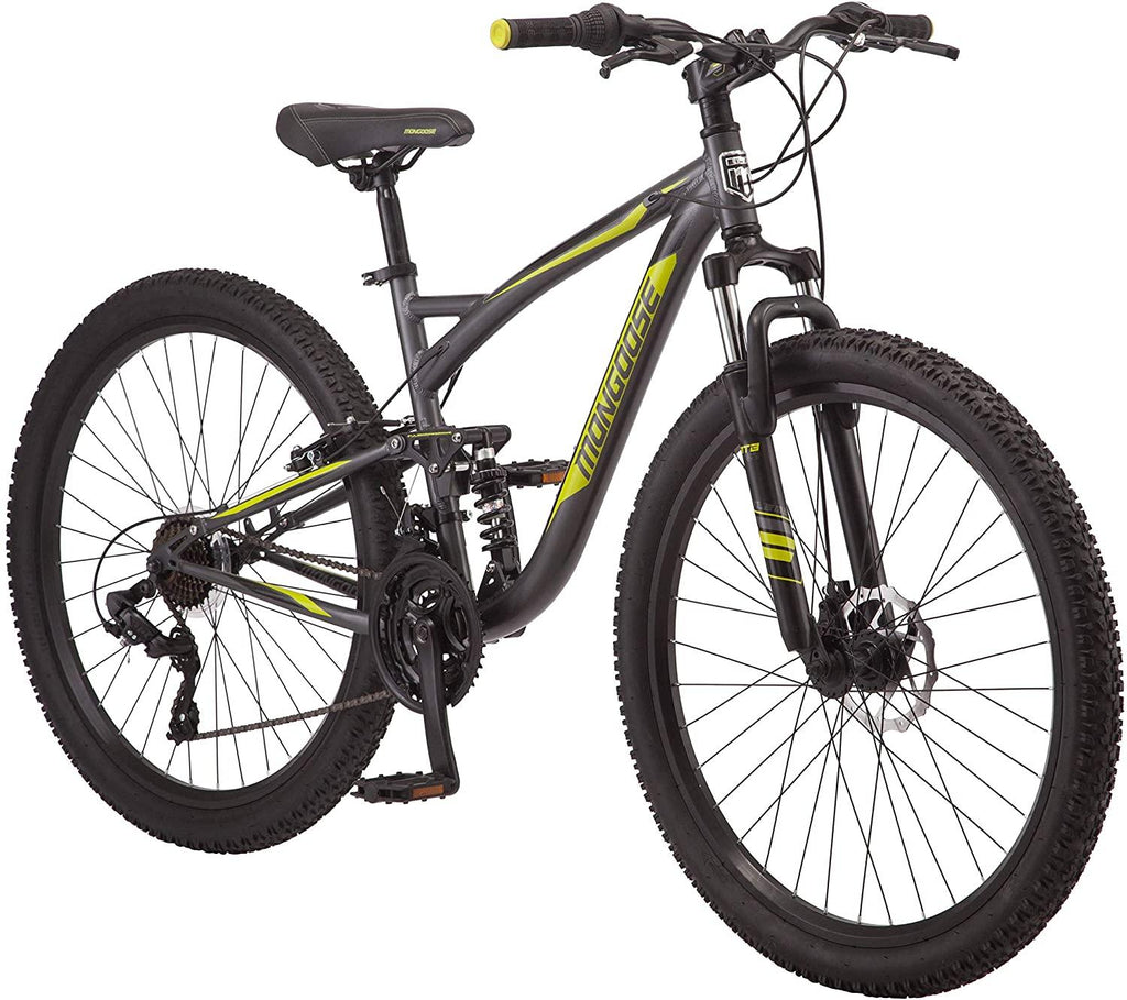Mongoose Status 2.4 Mens and Womens Mountain, 27.5-Inch Wheels, Aluminum Frame, Dual Suspension, Dark Silver