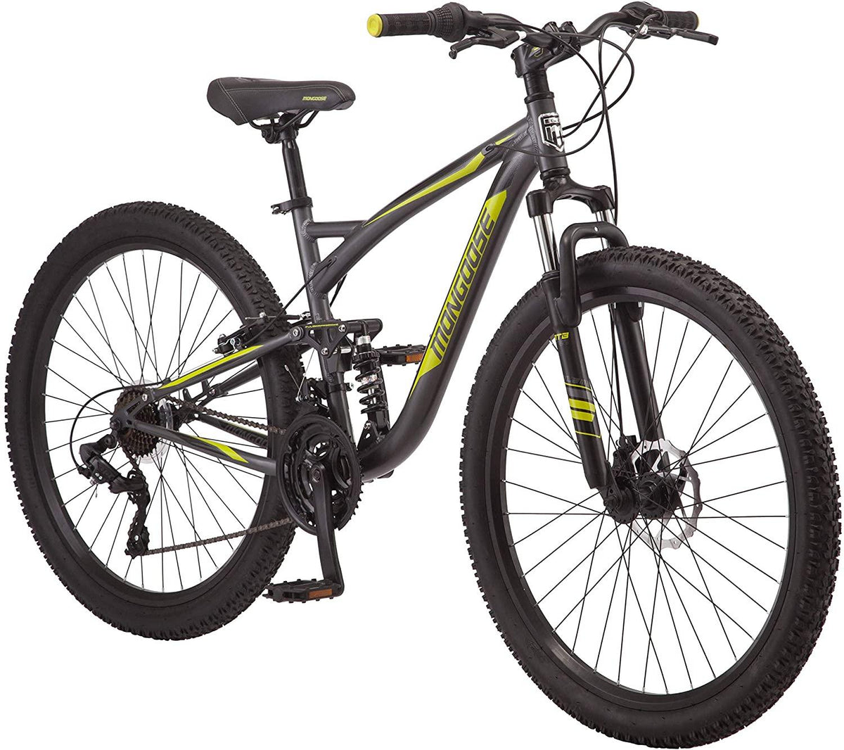 Mongoose Status 2.4 Mens and Womens Mountain, 27.5-Inch Wheels, Aluminum Frame, Dual Suspension, Dark Silver