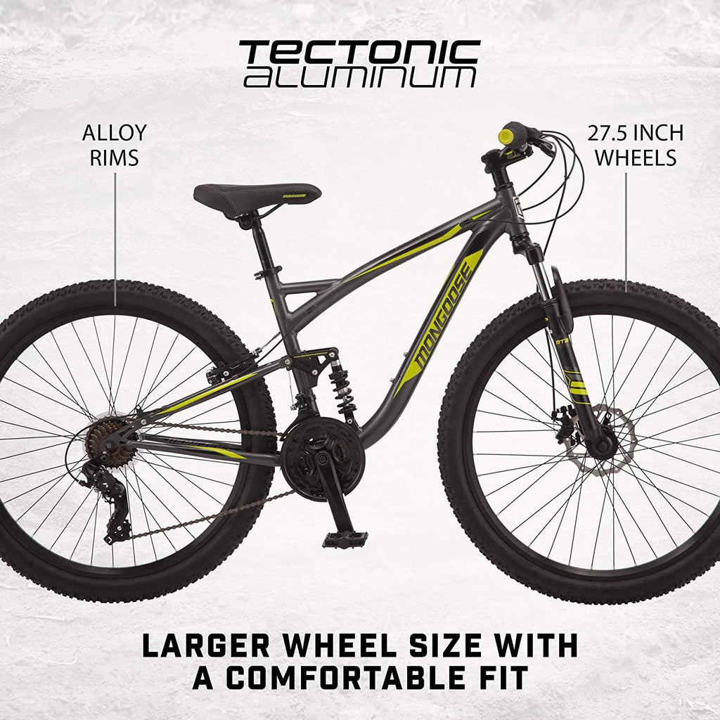 Mongoose Status 2.4 Mens and Womens Mountain, 27.5-Inch Wheels, Aluminum Frame, Dual Suspension, Dark Silver