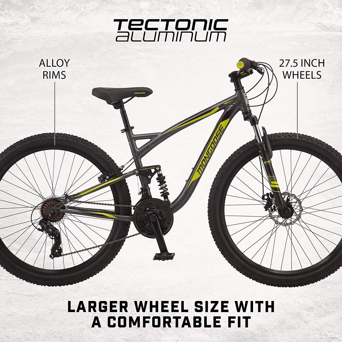 Mongoose Status 2.4 Mens and Womens Mountain, 27.5-Inch Wheels, Aluminum Frame, Dual Suspension, Dark Silver