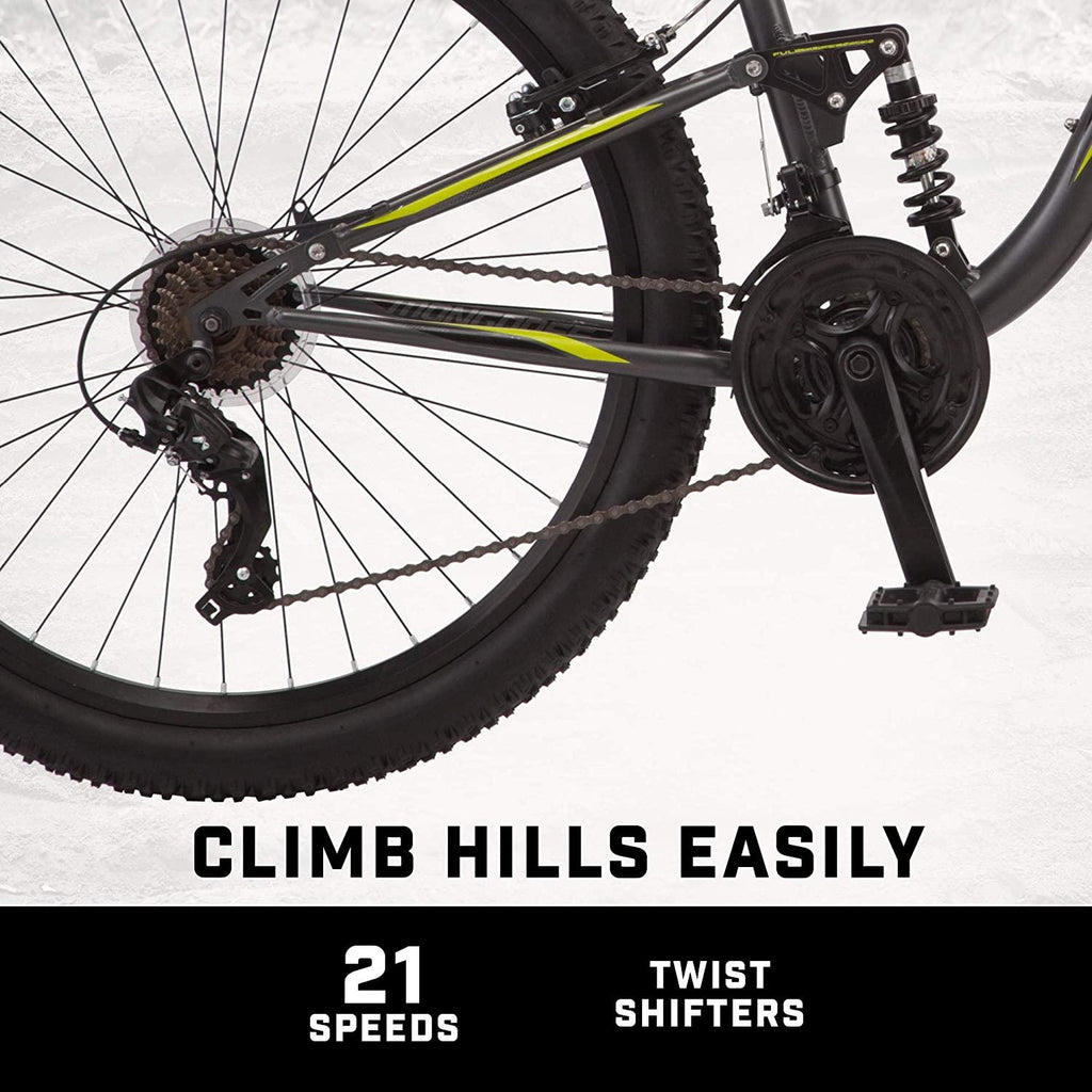 Mongoose Status 2.4 Mens and Womens Mountain, 27.5-Inch Wheels, Aluminum Frame, Dual Suspension, Dark Silver