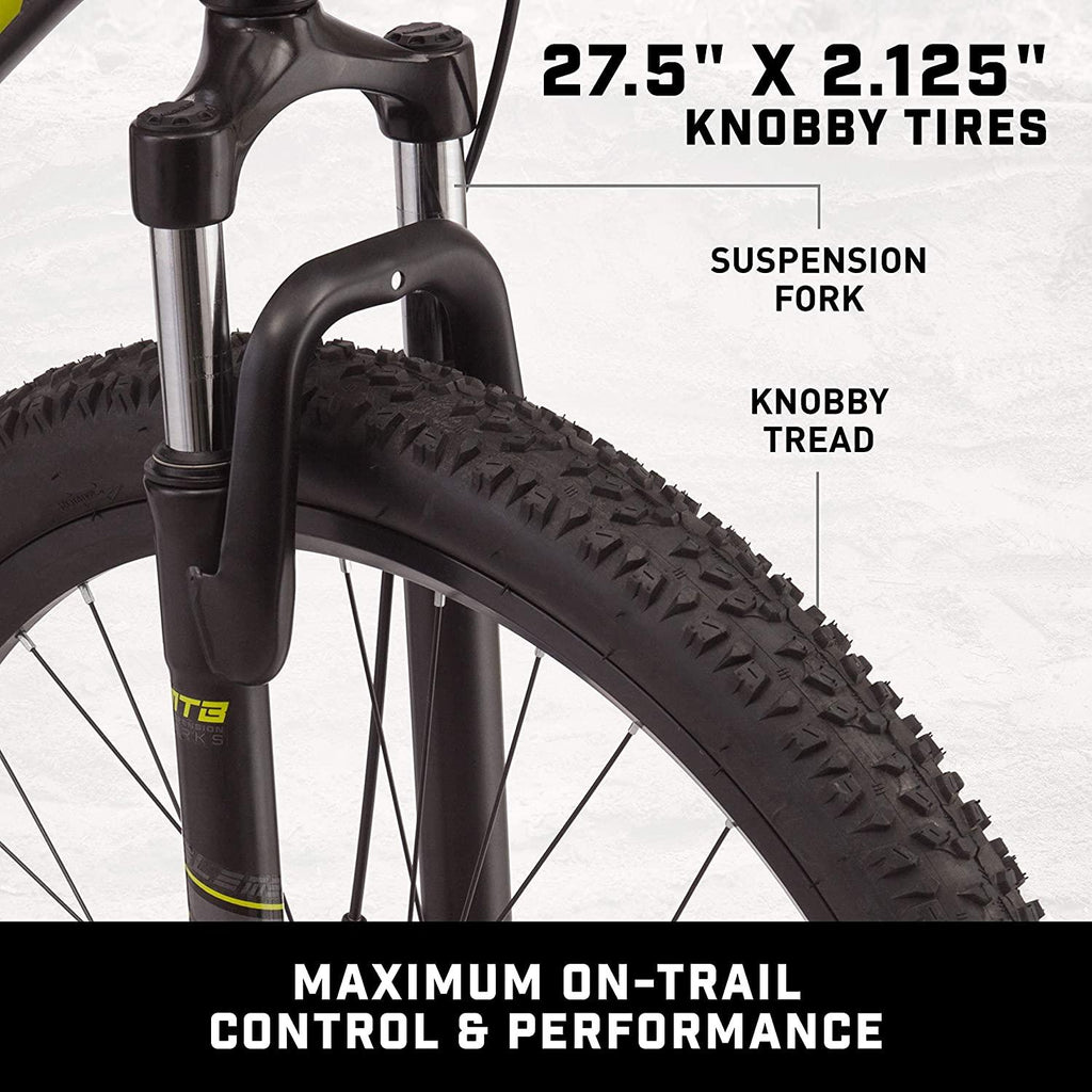 Mongoose Status 2.4 Mens and Womens Mountain, 27.5-Inch Wheels, Aluminum Frame, Dual Suspension, Dark Silver