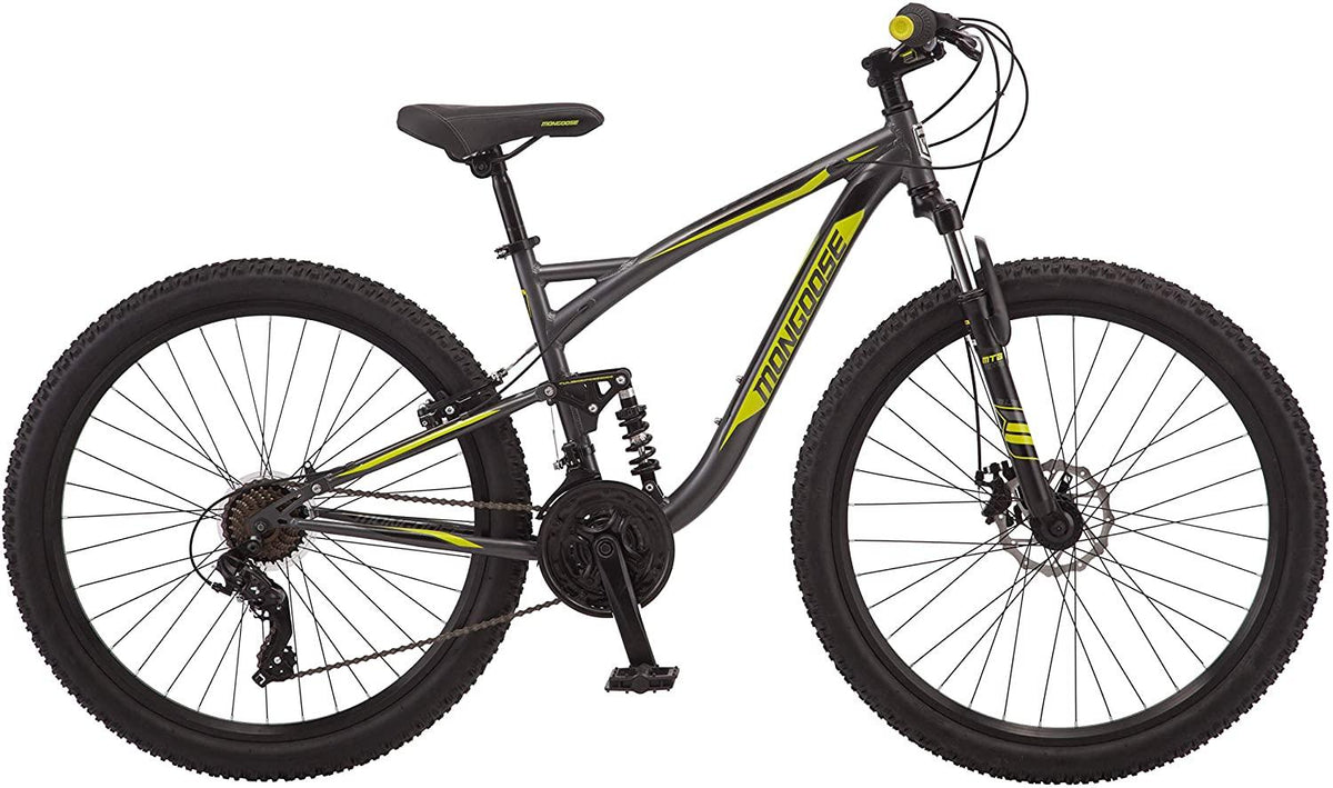 Mongoose Status 2.4 Mens and Womens Mountain, 27.5-Inch Wheels, Aluminum Frame, Dual Suspension, Dark Silver