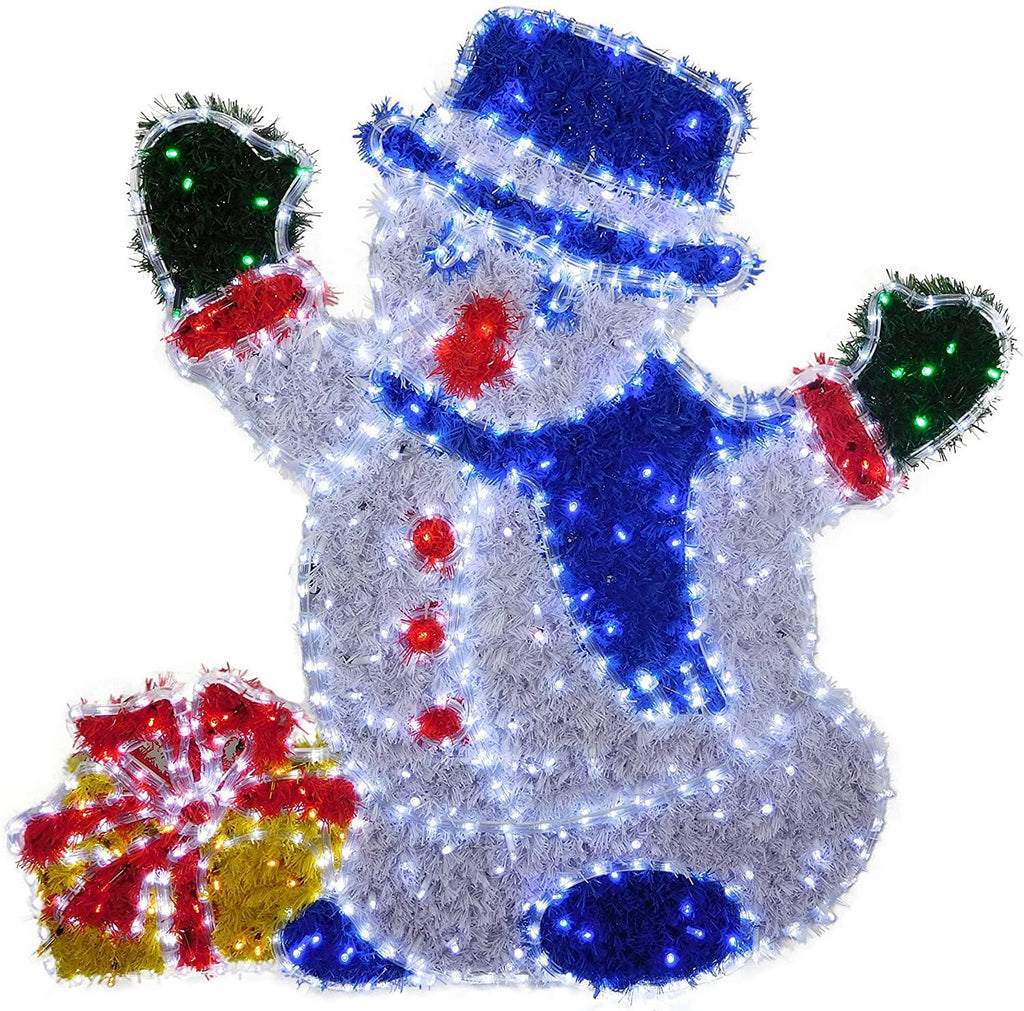 Christmas Concepts 120cm x 110cm LED Rope Light Snowman with Gift Box with Tinsel Decoration &amp; LED Lights - Christmas Decorations