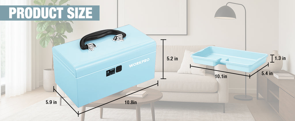 10.8" Mini Metal Tool Box with Removable Tray | Steel Toolbox, One-Button Latch, PP Handle, Removable Tray, Portable Storage, Home and Workshop Organization
