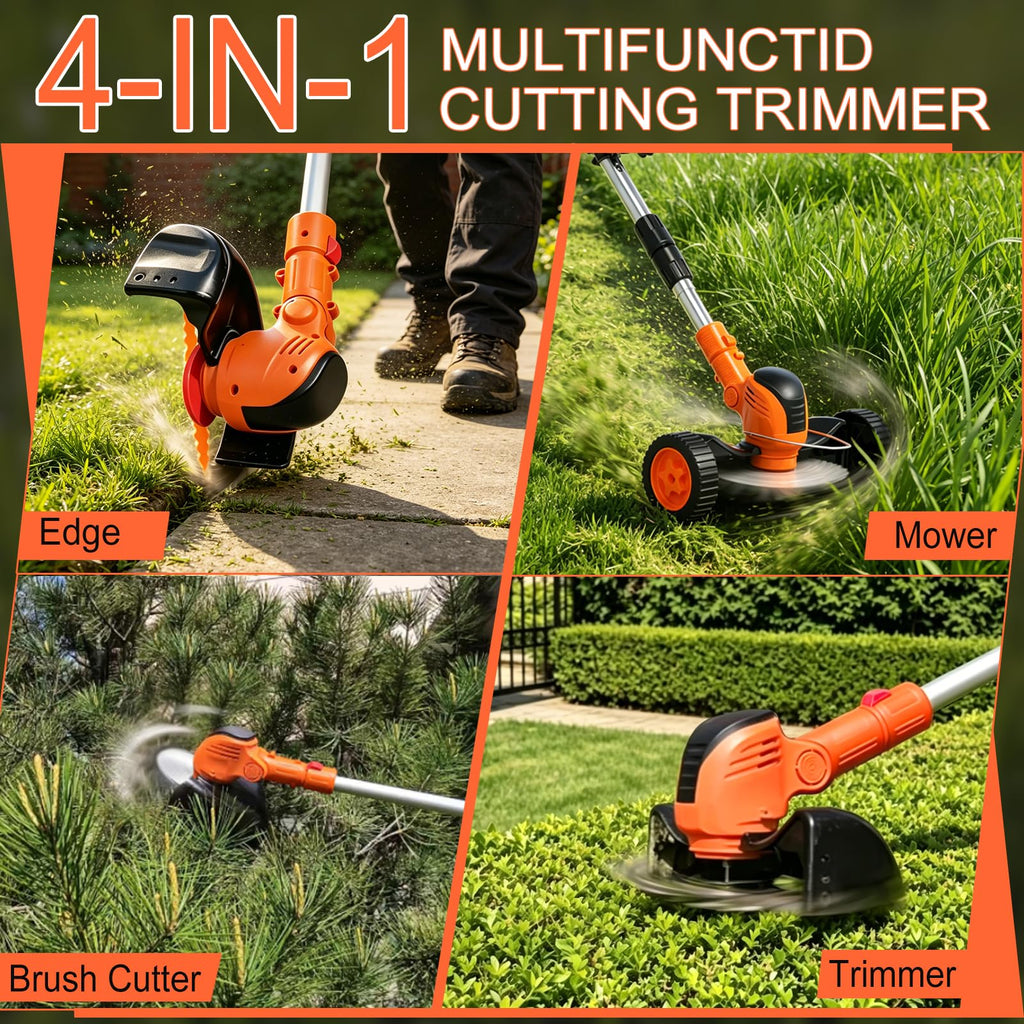 Cordles Weed Wacker, 21V Electric Weed Eater Battery Powered, No String Trimmer with Wheels &amp; Metal Blades, Lightweight Grass Trimmer/Lawn Edger/Brush Cutter, Stringless Weed Trimmer for Yard Garden