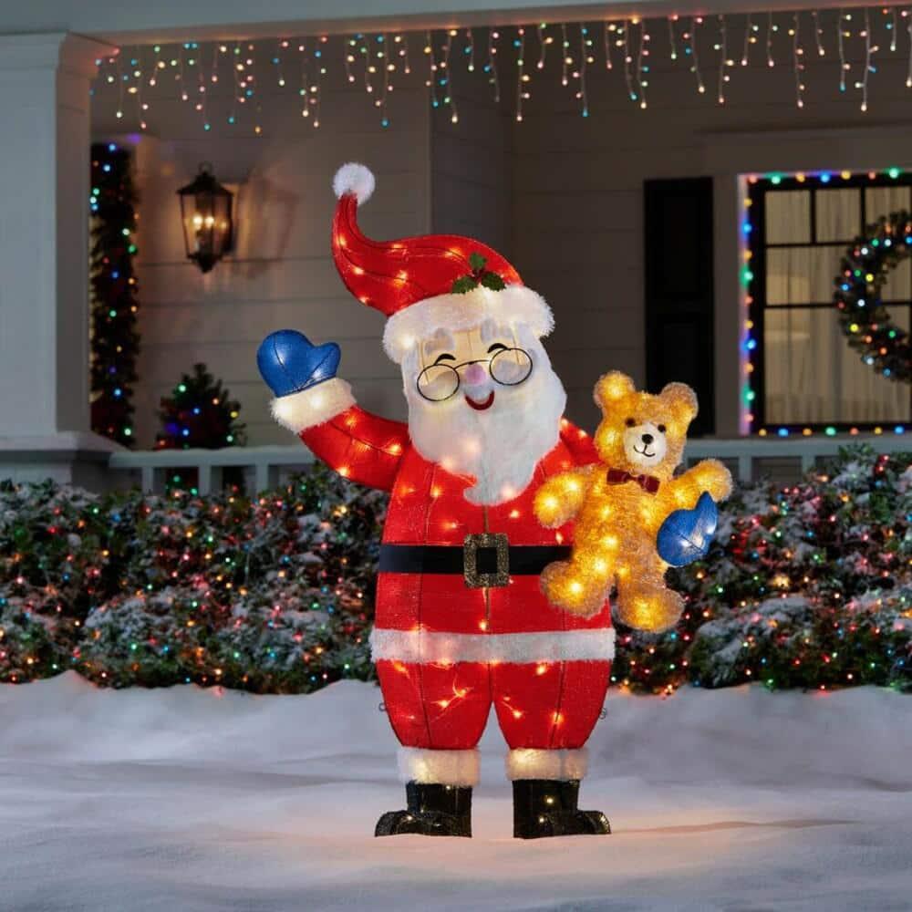 5 ft Warm White LED Santa with Teddy Bear Holiday Yard Decoration
