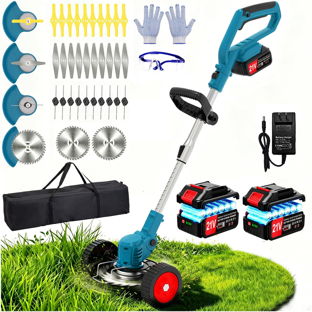 21V Electric Weed Wacker Cordless Weed Eater Battery Powered, String Trimmer Battery Operated, Lightweight 4 in 1 Grass Trimmer/Brush Cutter/Lawn Edger/Mower with Metal Blades &amp; Wheels for Garden Yard