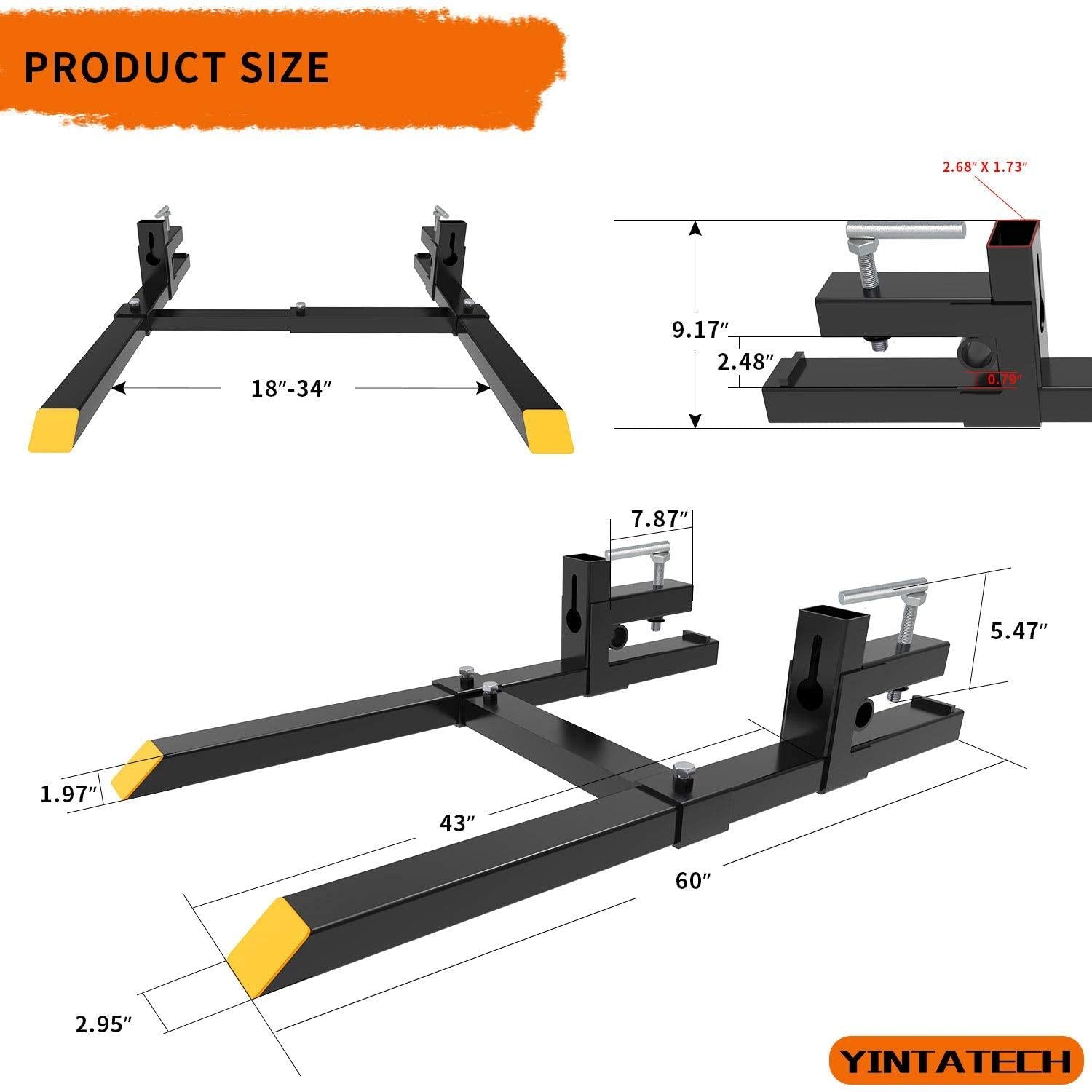 yintatech 60" clamp on pallet forks 1500lbs hd pallet forks with adjustable stabilizer bar for loader bucket skidsteer tractor