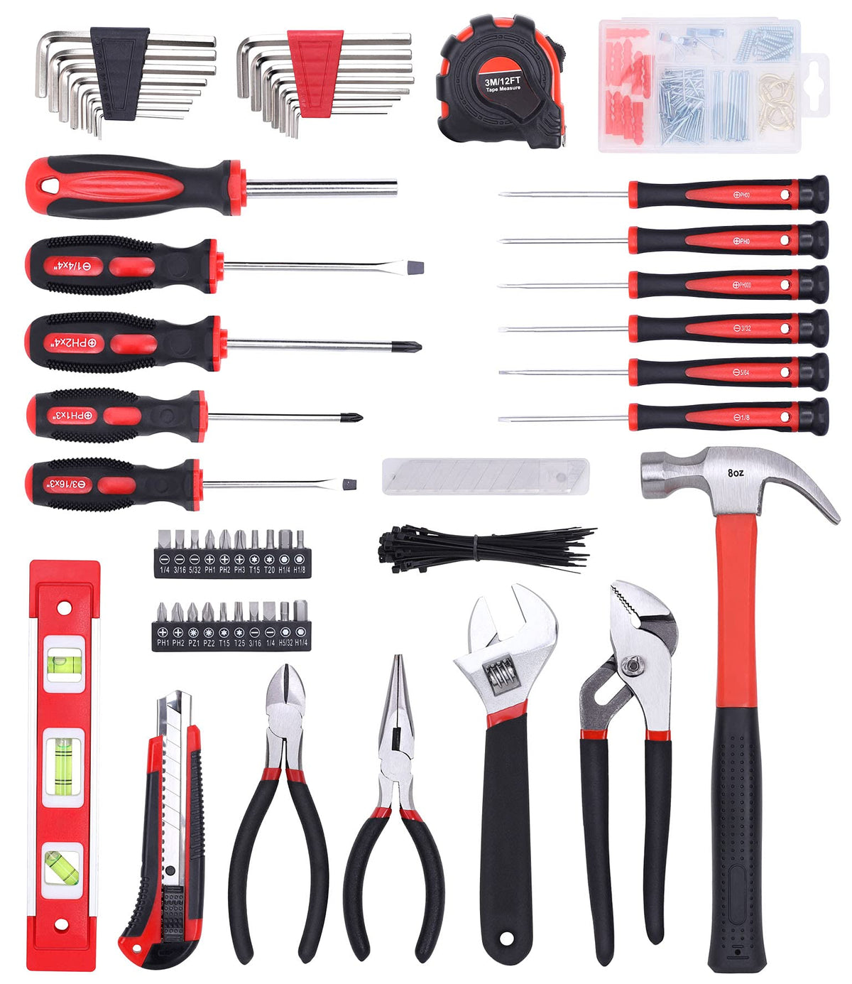215-Piece Home Repairing Tool Set with 12-Inch Wide Mouth Open StoraBag, Household Hand Tool Kit,Red