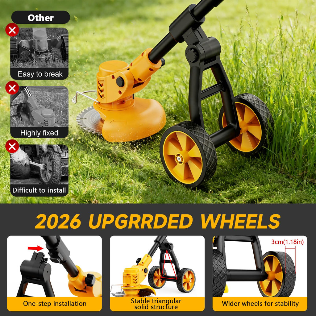 Electric Weed Wacker Cordless with Wheels,Electric Weed Eater Battery Powered,4 in 1 Grass Trimmer/Brush Cutter/Grass Edger/Small Lawn Mower,No String Trimmer with Metal Blade,2 Battery
