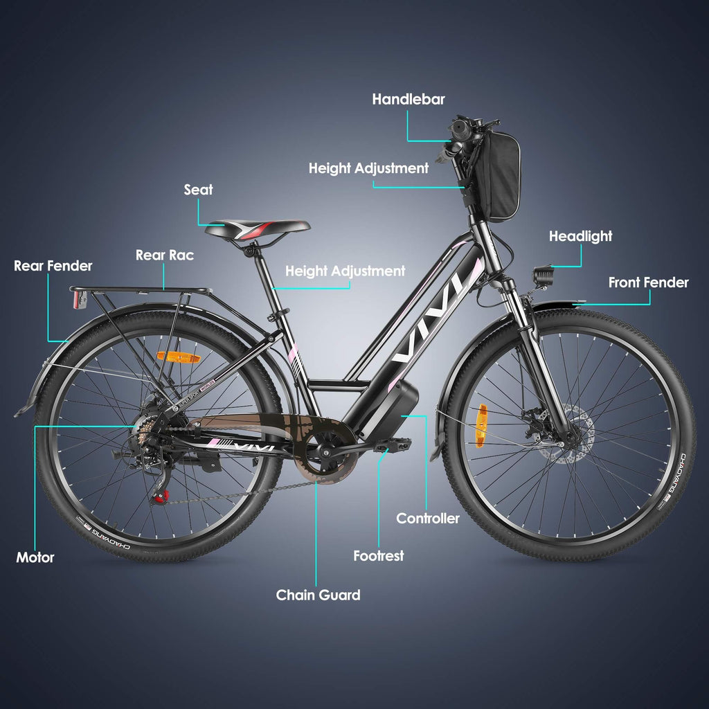 VIVI 26''Electric Bike 350W  Low-Step Thru City Cruiser Bicycle with Carrier Rack Professional 7 Speed, Electric Commuter Bike Hybrid Ebike for Women Senior Gift