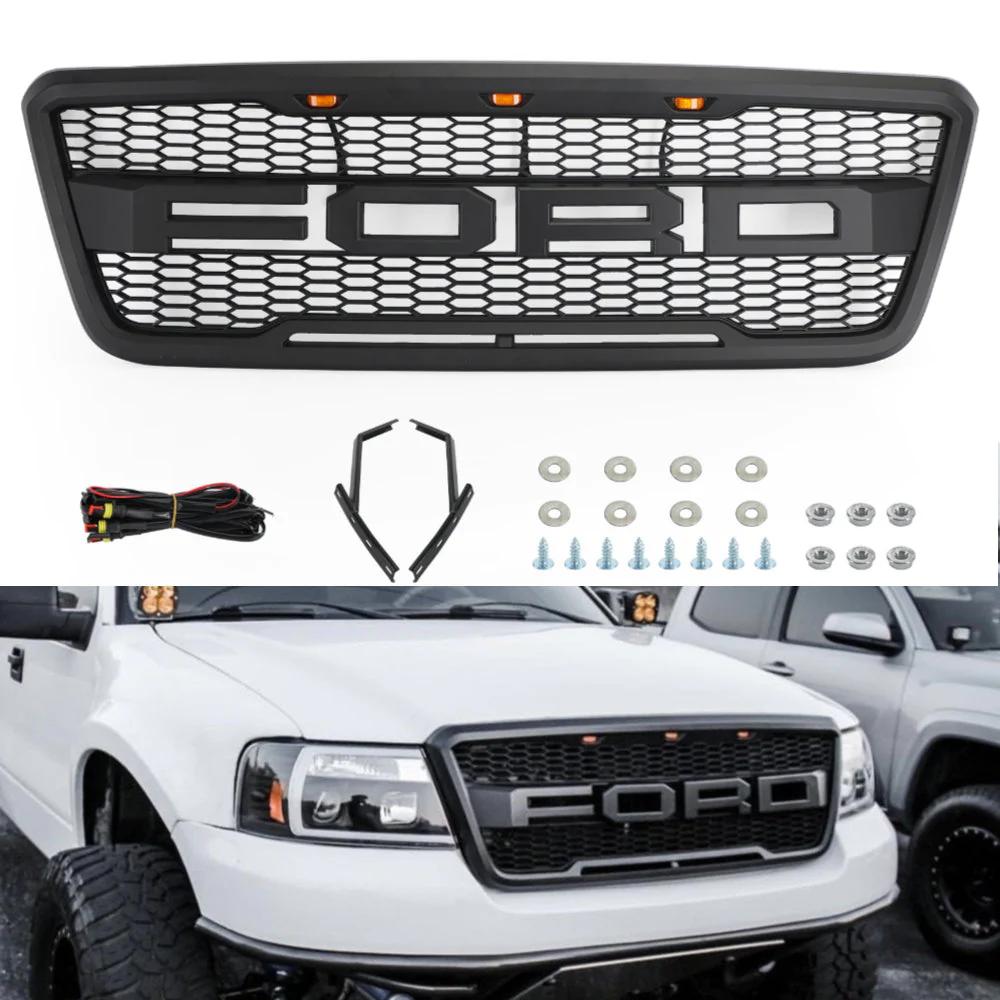 2004-2008 F150 Ford Black Raptor Style Black Front Mesh Hood Grill Grille Replacement With LED Generic