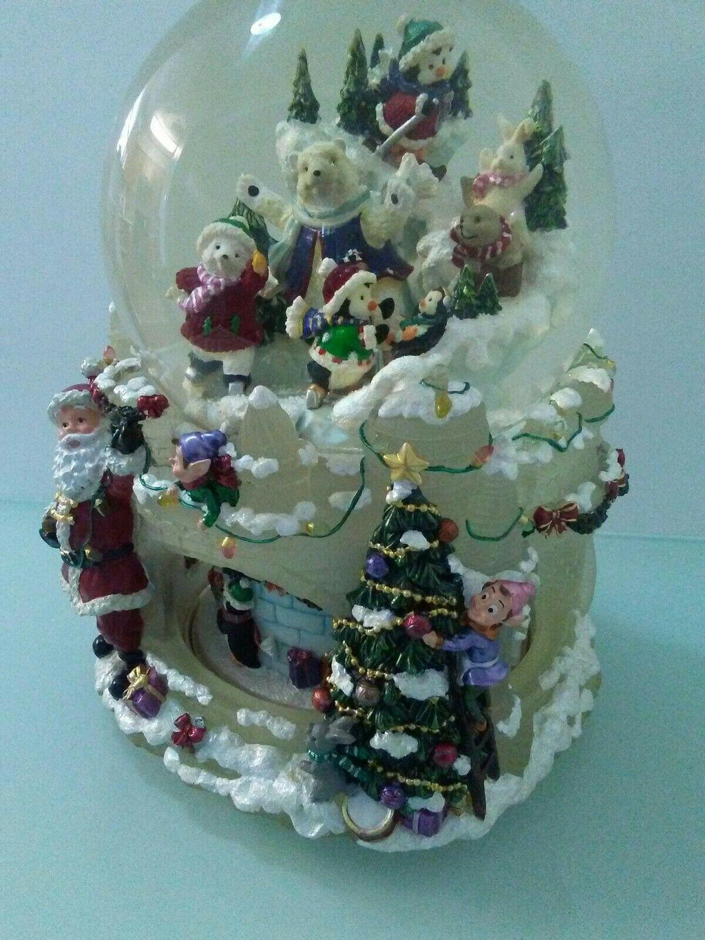 9 1/2" x 7  Christmas Santa Claus &amp; Friends Musical Revolving Globe Snow