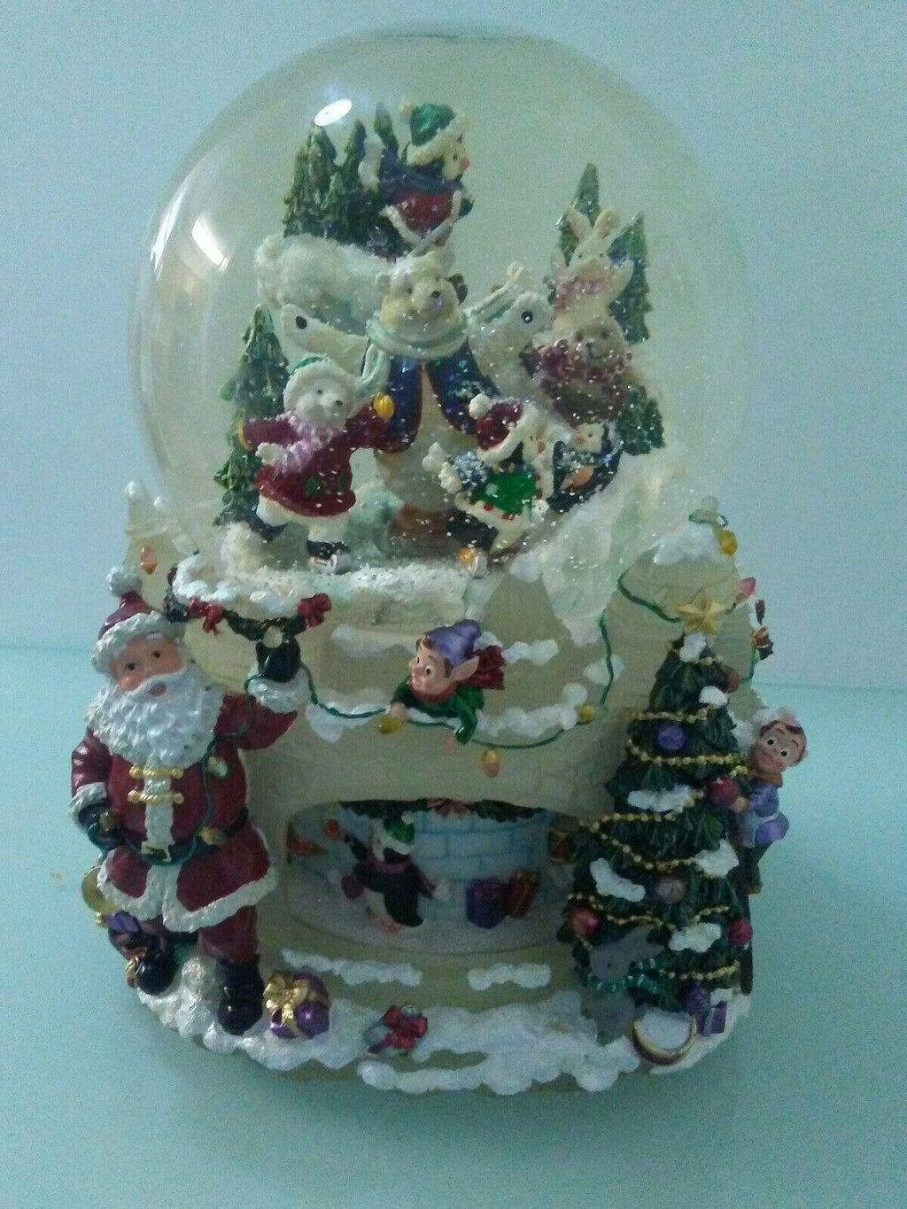 9 1/2" x 7  Christmas Santa Claus &amp; Friends Musical Revolving Globe Snow