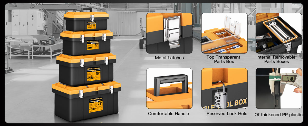 Tool Box | 4 In 1 Toolbox Set | 8 Removable Tool Box Organizers | 15”+17”+19”+21” | Lockable Portable Tool Boxes | Mini/Small/LarToolboxes | GaraStoraTools | Home/Professional | Hand/Power
