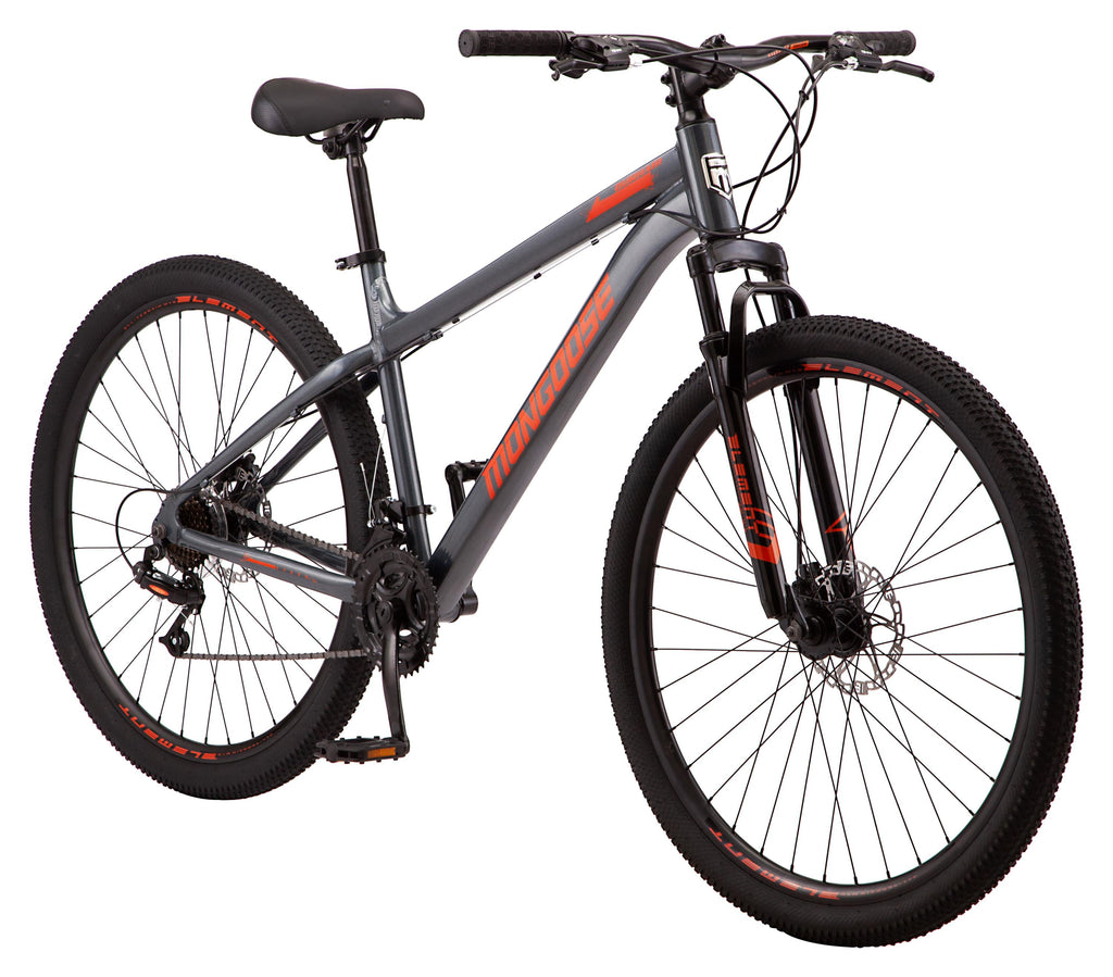 Mongoose Durham mountain bike, 21 speeds, 29-inch wheels, gray, mens style