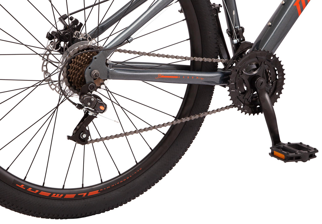 Mongoose Durham mountain bike, 21 speeds, 29-inch wheels, gray, mens style