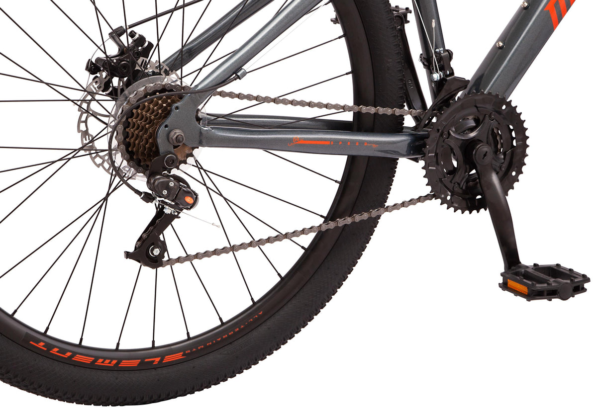 Mongoose Durham mountain bike, 21 speeds, 29-inch wheels, gray, mens style