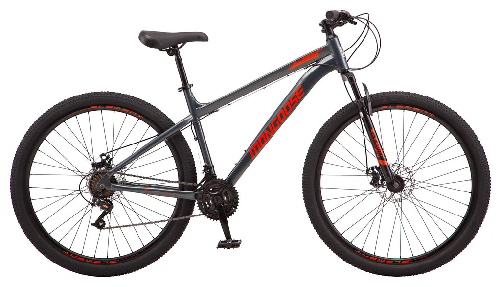 Mongoose Durham mountain bike, 21 speeds, 29-inch wheels, gray, mens style