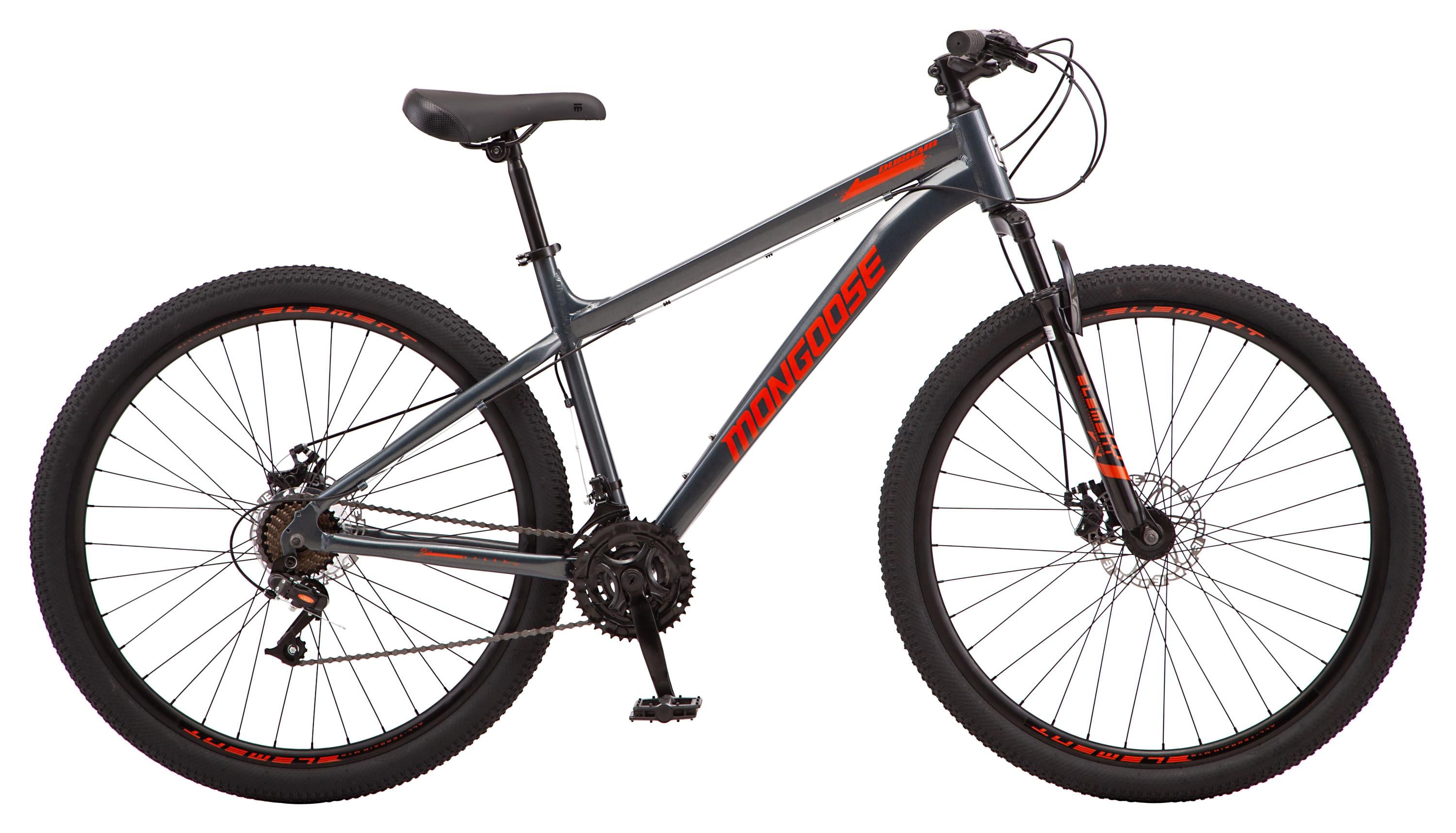 Mongoose Durham mountain bike, 21 speeds, 29-inch wheels, gray, mens style