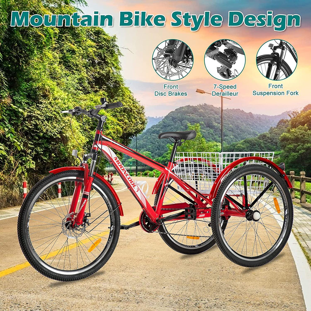 MOONCOOL 24 Inch Adult Mountain Bike 7 Speed 3 Wheel Bike Mountain Tricycle Cruiser Trike with Basket