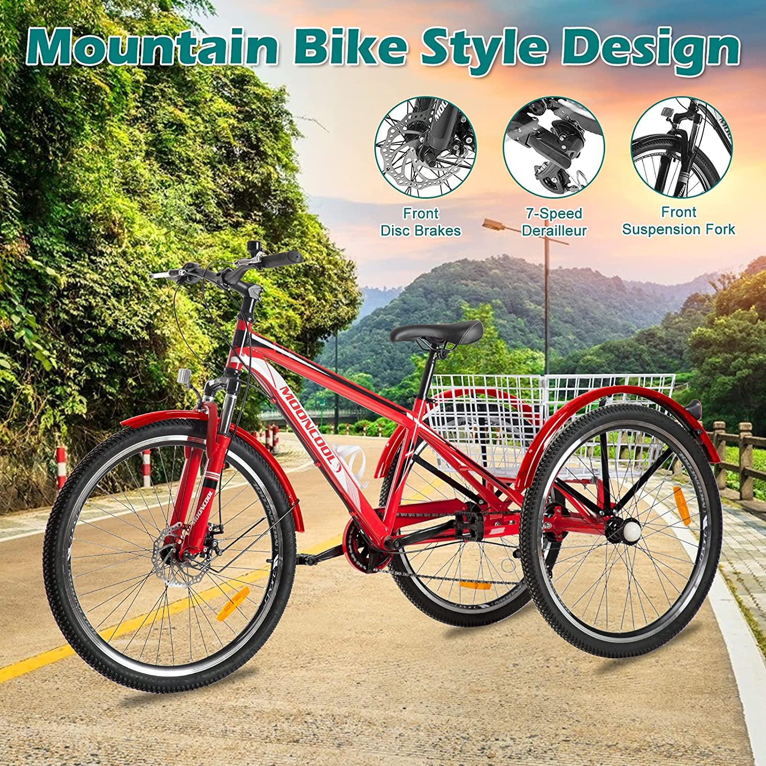 MOONCOOL 24 Inch Adult Mountain Bike 7 Speed 3 Wheel Bike Mountain Tricycle Cruiser Trike with Basket