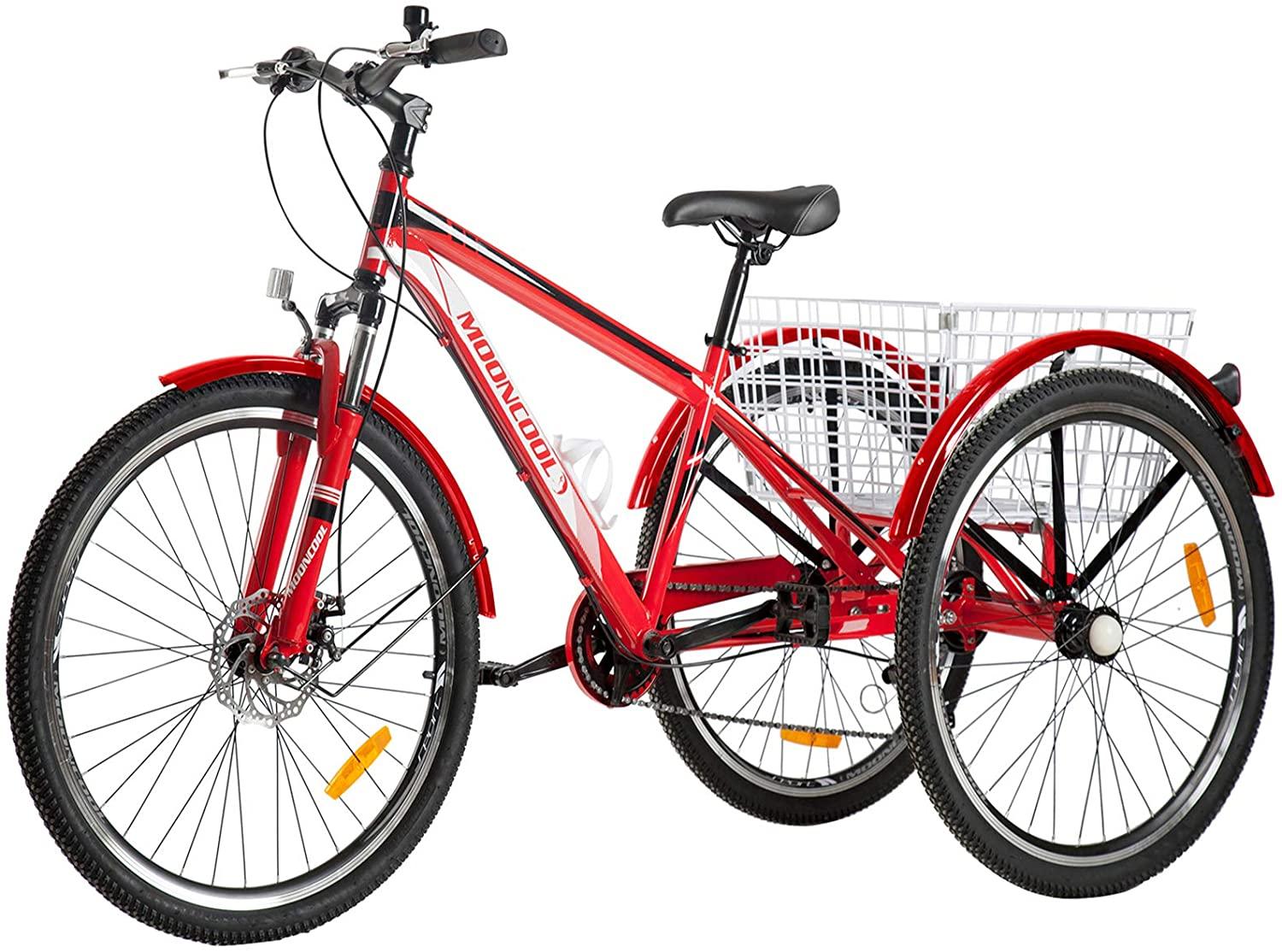 MOONCOOL 24 Inch Adult Mountain Bike 7 Speed 3 Wheel Bike Mountain Tricycle Cruiser Trike with Basket