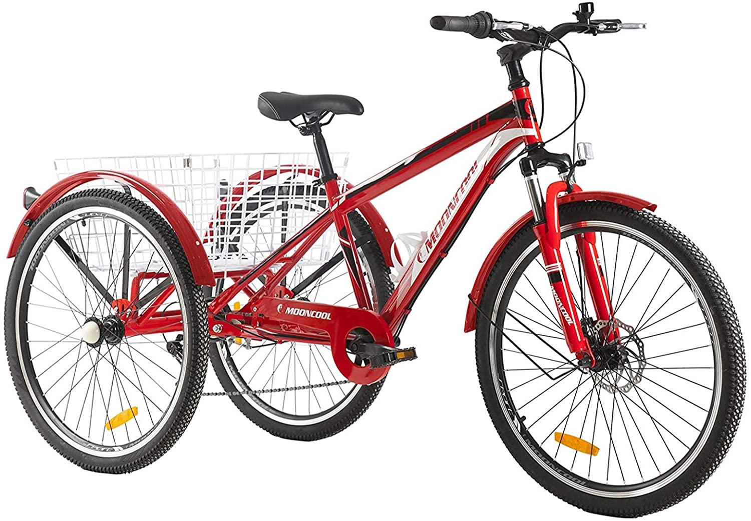 MOONCOOL 24 Inch Adult Mountain Bike 7 Speed 3 Wheel Bike Mountain Tricycle Cruiser Trike with Basket