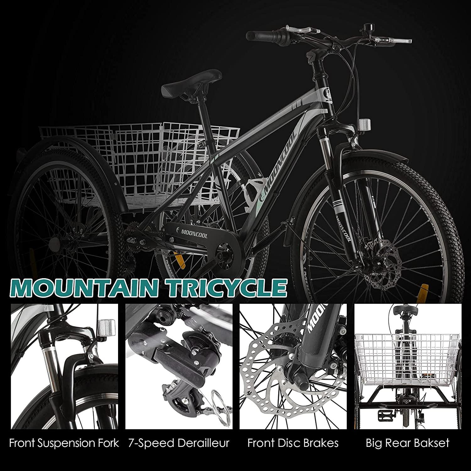 MOONCOOL 24 Inch Adult Mountain Bike 7 Speed 3 Wheel Bike Mountain Tricycle Cruiser Trike with Basket