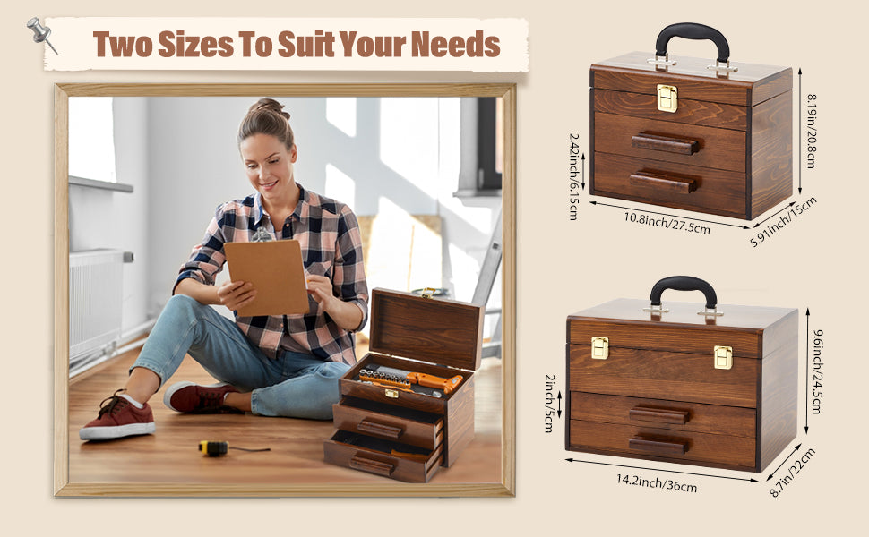11 Inch Mini Wooden Tool Box with 2 Drawers and Top Storage, Portable Small Tool Chest with PVC Liners, Mini Tools StoraBox Organizer Makeup Boxs with Metal Latch Closure