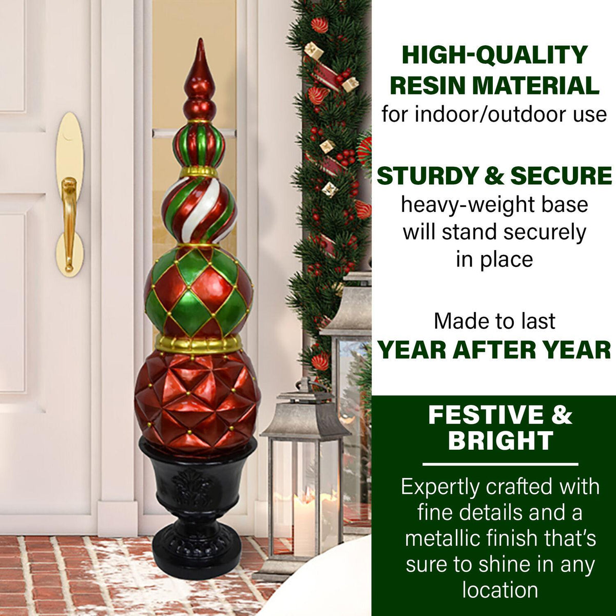 Fraser Hill Farm Christmas Pedestal Topiary Decoration | 4-Ft. Tall in Resin Urn | FFRS050-0FIN-RED