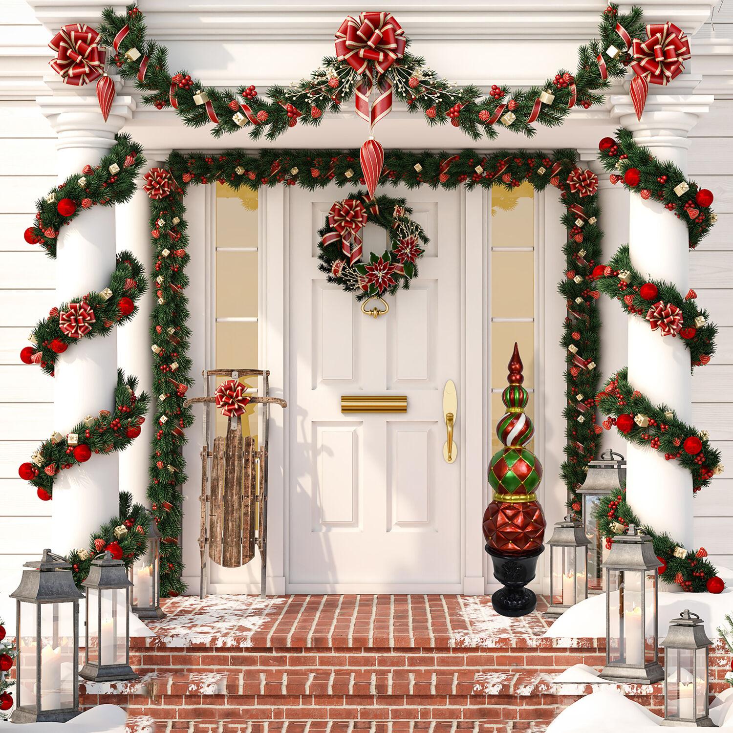 Fraser Hill Farm Christmas Pedestal Topiary Decoration | 4-Ft. Tall in Resin Urn | FFRS050-0FIN-RED