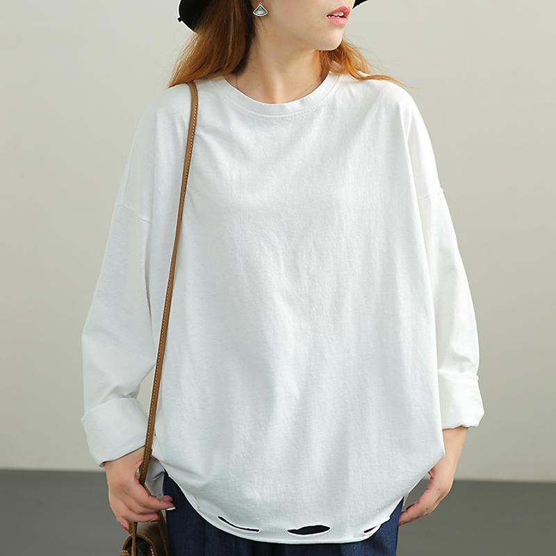 women loose long sleeve hollow cotton t-shirt