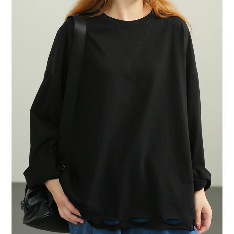 women loose long sleeve hollow cotton t-shirt