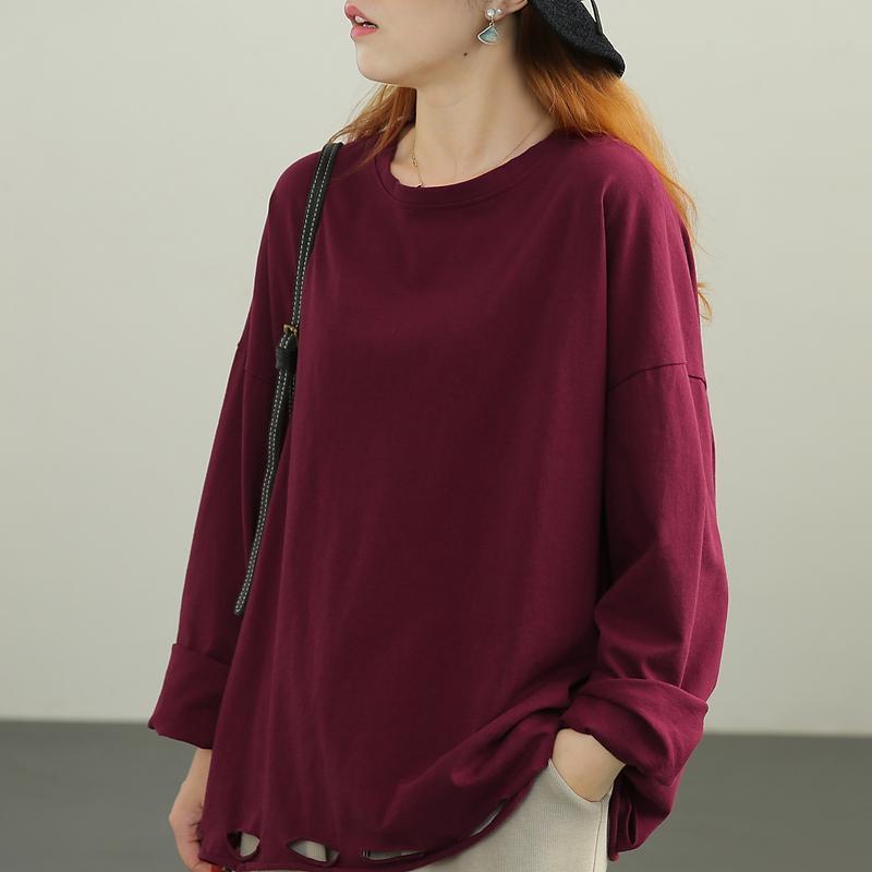 women loose long sleeve hollow cotton t-shirt