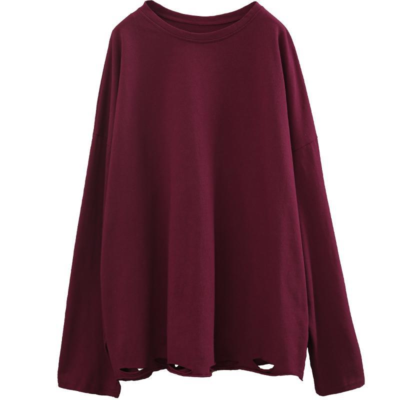 women loose long sleeve hollow cotton t-shirt