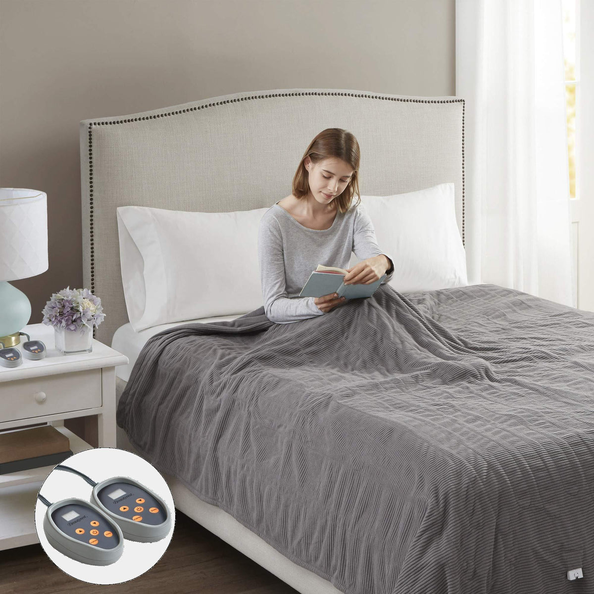 Gracie MIlls Electric Micro Fleece Heated Blanket, Full, Grey -BR54-0412