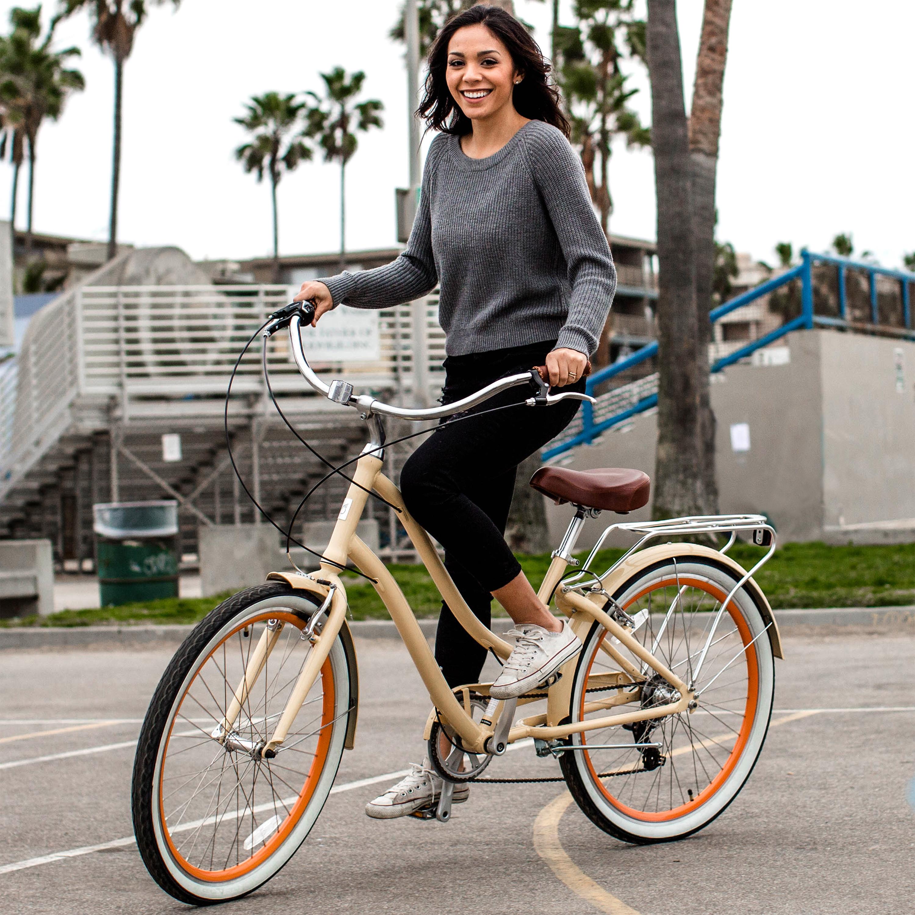 reezero Every journey Women's 7-Speed Step-Through Hybrid Cruiser Bicycle, 26 In. Wheels and 17.5 In. Frame, Cream