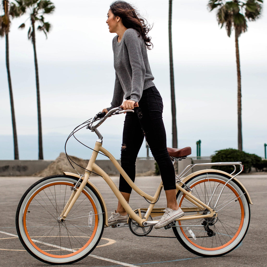 reezero Every journey Women's 7-Speed Step-Through Hybrid Cruiser Bicycle, 26 In. Wheels and 17.5 In. Frame, Cream