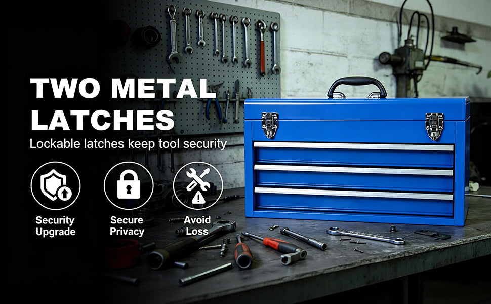 ANTBD133-XU  3 Drawer 20.5" Portable Metal Tool Box: Ball-Bearing Slides and 2 Metal Latches for Secure Closure in Garage, Home or Workbench, Blue