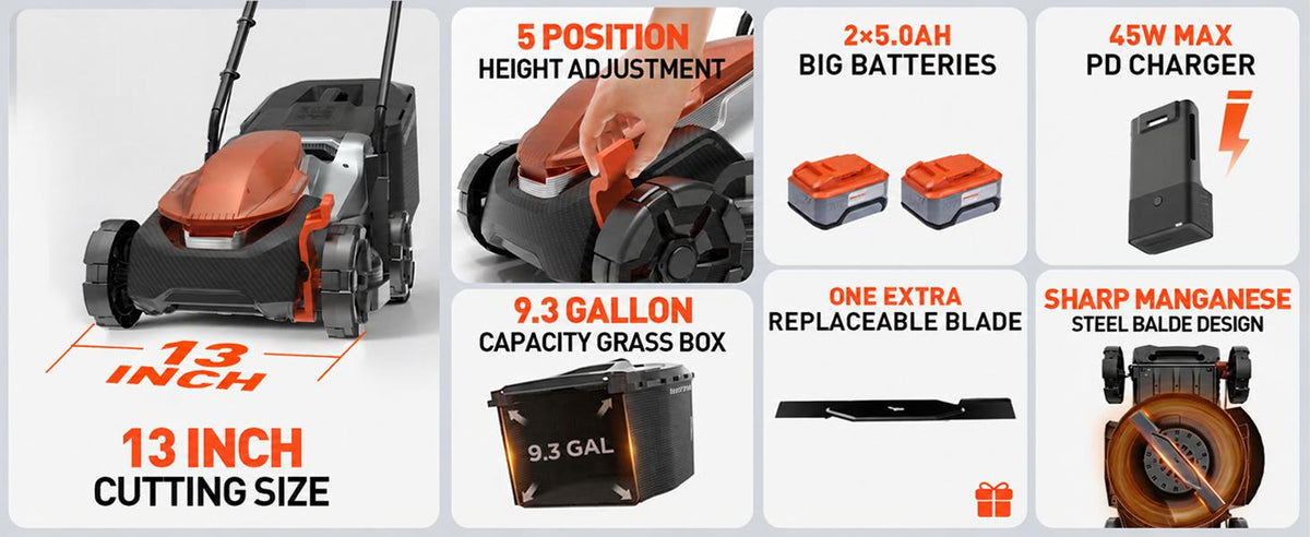 13 Inch Electric Lawn Mower, 2×20V Brushless Mower with 5-Position Height Adjustment, Cordless Push Lawn Mower, 2×5.0Ah Batteries &amp; Charger Included