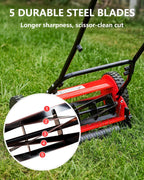14-Inch Hand Push Reel Lawn Mower, 5-Blade Manual Push Lawnmower, 0.4-4" Adjustable Cutting Height, Lightweight for Small/Medium Yards, Easy Assembly, Compact &amp; Quiet, Red