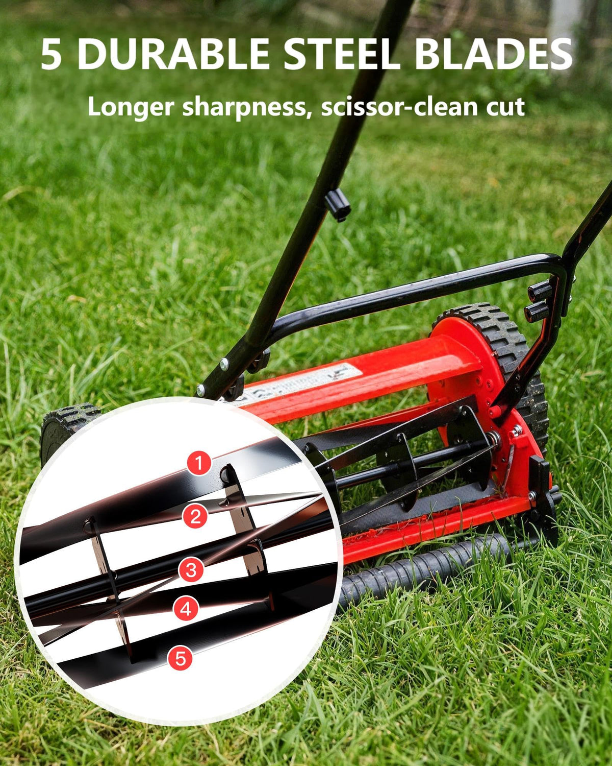 14-Inch Hand Push Reel Lawn Mower, 5-Blade Manual Push Lawnmower, 0.4-4" Adjustable Cutting Height, Lightweight for Small/Medium Yards, Easy Assembly, Compact &amp; Quiet, Red