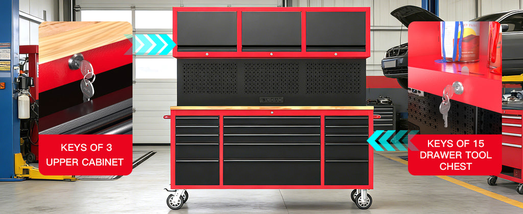 72" Rolling Tool Chest with 15 Drawers - Heavy Duty GaraWorkbench with Power Strip & Pegboard - 18" Deep 1.2" Thick Solid Top, Lockable Tool StoraCabinet for Professional Mechanic