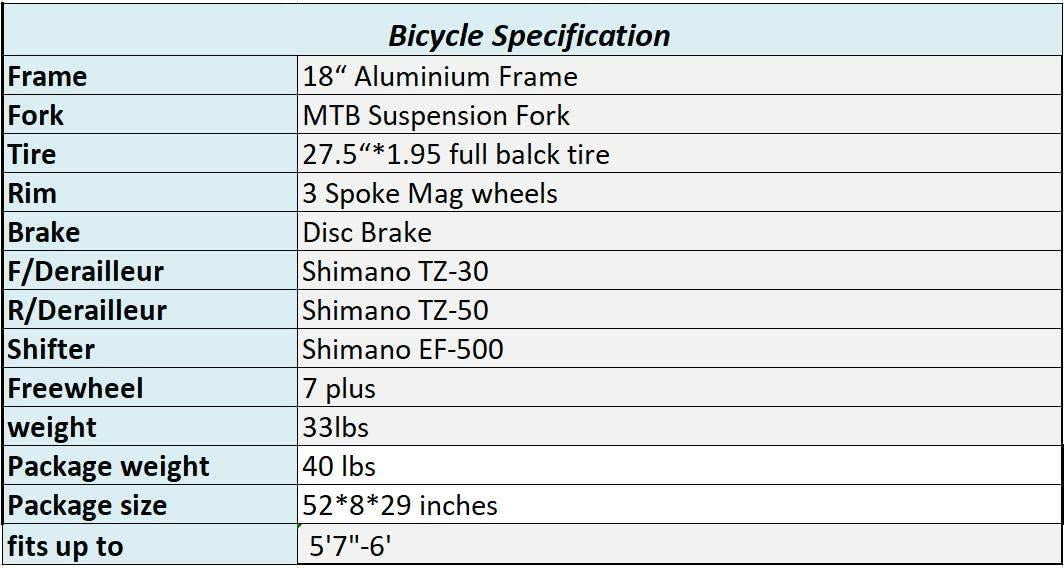 OBK Lightweight Aluminium Frame Mountain Bike 21 Speed Front Suspension Men/Women Bicycle 27.5” Daul Disc Brakes