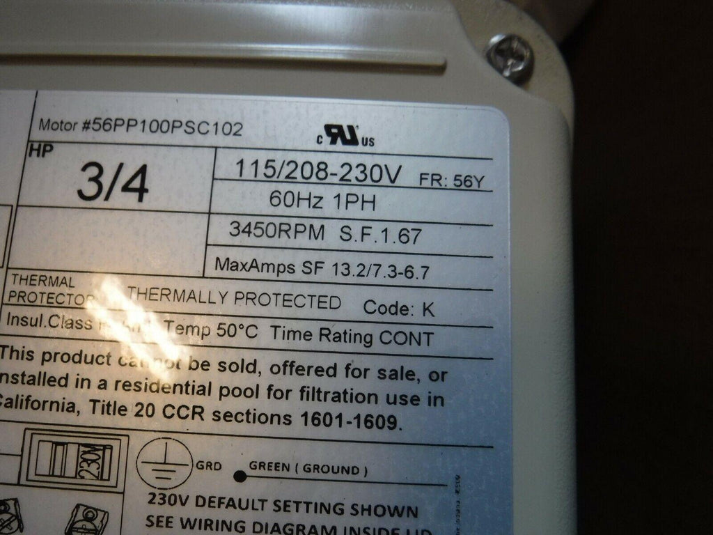 pentair part#: 354803s whisperflo motor .75 hp 115/208-230v 56y 1ph tefc (new)