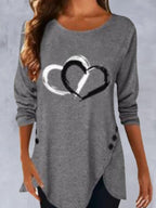 Round Neck Heart Print Casual Long Sleeve T-shirt