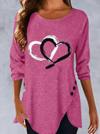 Round Neck Heart Print Casual Long Sleeve T-shirt