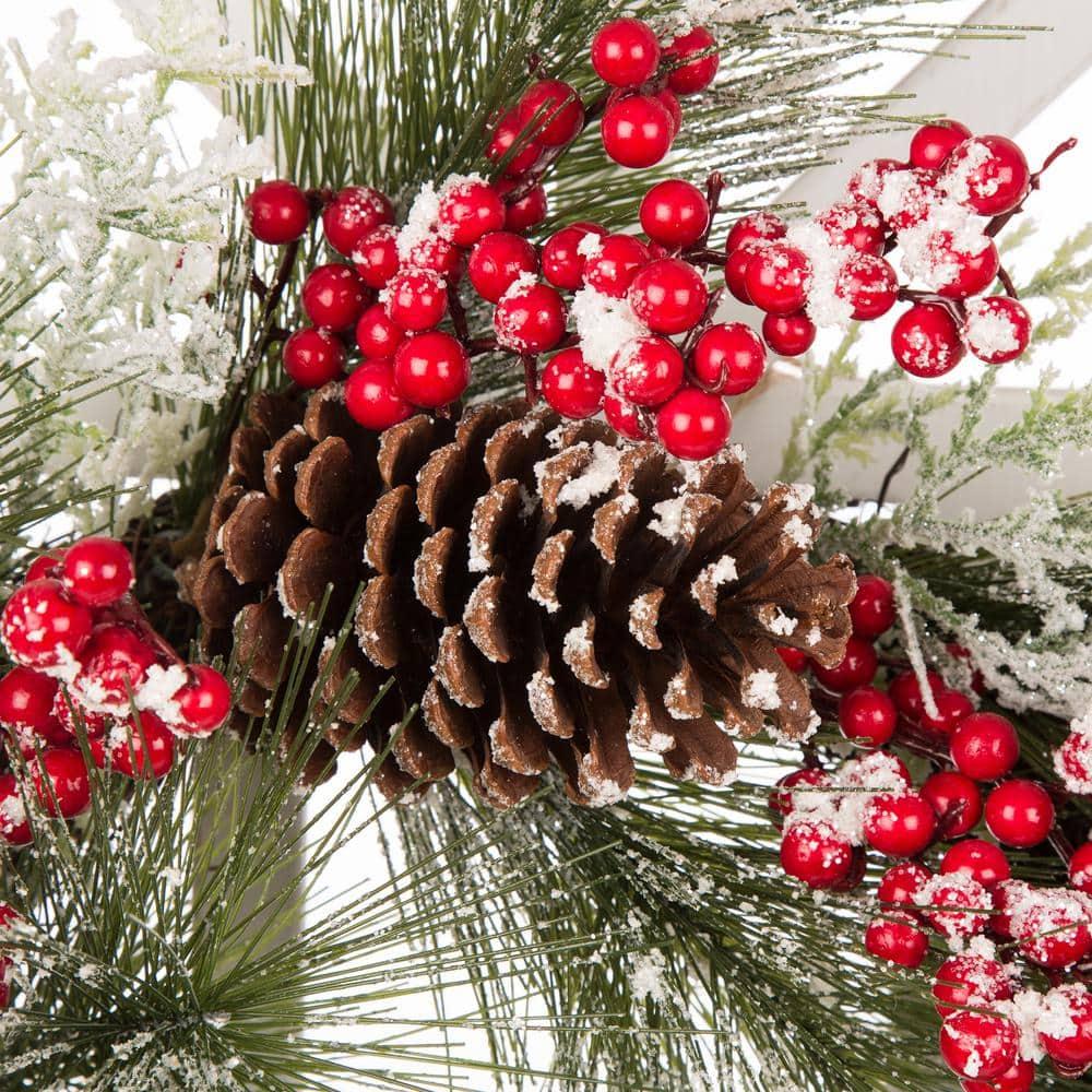 24 in. Artificial Dia Flocked Pinecone and Berry Wreath with Wooden Window Frame